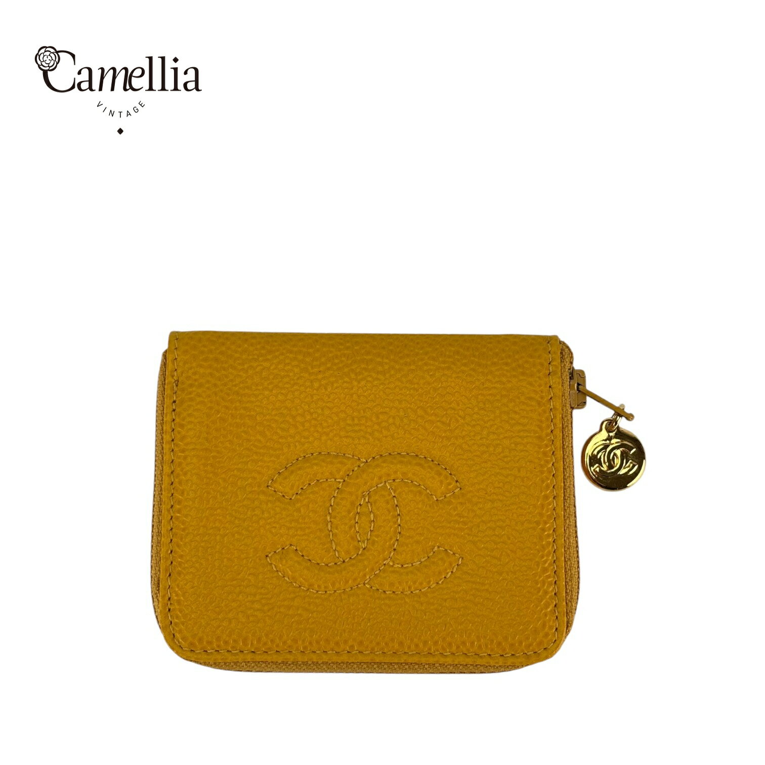 【中古】 CHANEL シャネル コインパース 財布 ウォレット キャビアスキン イエロー ゴールド金具