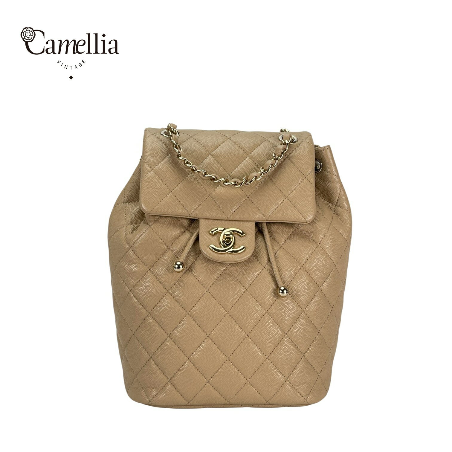 【中古】 CHANEL シャネル マトラッセ ココマーク チェーンリュックサック キャビアスキン ベージュ ゴールド金具