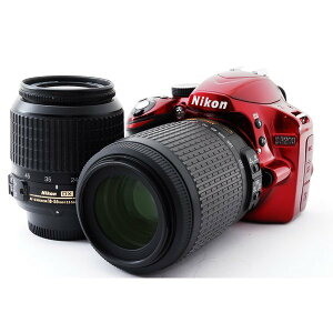 【中古】ニコン Nikon D3200 ダブルズームセット レッド 美品 一眼レフSDカードストラップ付き