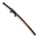 柄仕様は正絹紺糸、片手巻で仕上げた逸品 明智拵 〜AKECHI〜 全長 106cm 刃渡 74cm 柄長 25.5cm ◆刀身:超硬質軽量合金樋入刀身 ◆縁金具:鉄地肥後金具(銀古美仕上) ◆鍔:鉄地地透かし鍔 ◆鞘:朱うるみ塗り鞘 ◆頭金具:水牛角頭