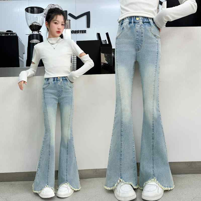 女の子 女児 キッズ ジュニア 春秋 夏用 薄手 新作 デニム ジーンズ パンツ ズボン スリム 細身 フレア ラッパパンツ