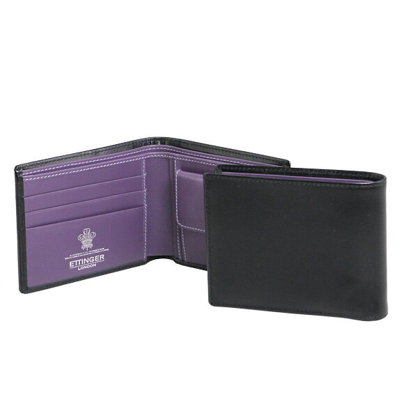 ETTINGER/エッティンガー メンズ 二つ折り財布(小銭入れ付) ブラック PURPLE/STERLING COLLECTION BILLFOLD WITH 3 C/C & COIN PURSE ST141JR BLACK/PURPLE ETTINGERえってぃんがー