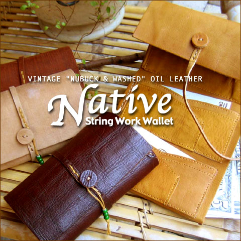 "NUBUCK & WASHED"VINTAGE OIL LEATHER =NATIVE= STRING WORK WALLETlCeBuXgO[NEH..