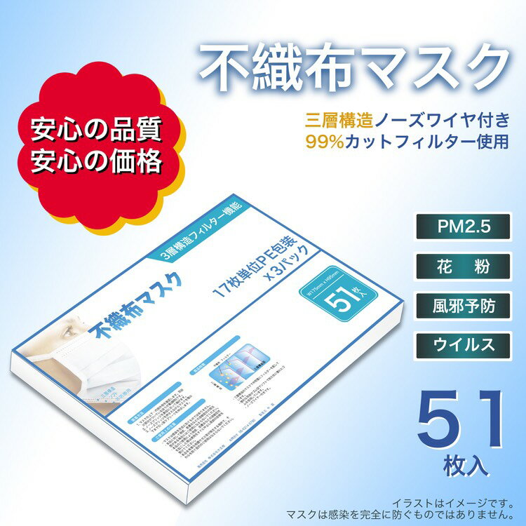 【2周年記念スペシャル価格】【最安値挑戦】【大口注文可能】マスク 51枚入り 使い捨て 三層構造 不織布 白 大人用 ウイルス 花粉対策 ホコリ 飛沫防止 男性 女性 1-2営業日発送　まとめ買い　大量購入