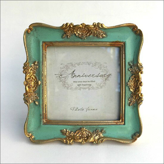 【メール便対応可】 アンティーク フォトフレーム ターコイズ 壁掛け 写真立て 写真たて フォトスタンド フレーム 雑貨 四角形 正方形 シャビー