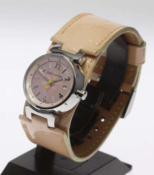 PRE Owned Louis Vuitton Tambour Q1216 SS X Leather Pink Dial Quartz Watch AS | eBay