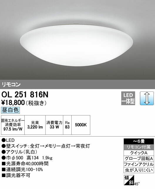 βオーデリック/ODELIC シーリングライト【OL251816N】LED一体型 〜6畳 調光 昼白色 リモコン付属