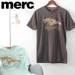 メルクロンドン メンズ Tシャツ <strong>タオル地</strong>ロゴ＋スクーター プリントTシャツ Merc London 2色 ダークブラウン シーグリーン レトロ ギフト トラッド