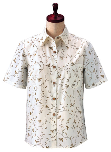 アロハシャツの国内本場、沖縄生産　【COCONUT JUICE】レディース　アロハシャツ・かりゆしウェア（オフブラウン） LLサイズ　大きいサイズありクールビズにアロハシャツ！クールビズ/　ランキング常連のアロハシャツも！