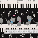 猫柄 生地 ピアノ 入園 入学 ブラック 女の子 ピアノの上で踊る黒猫ワルツ(ブラック) オックス生地