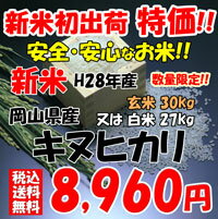 ★送料無料★新米 H28年産 岡山県産 キヌヒカリ玄米30kg or 白米 27kg ランキングお取り寄せ