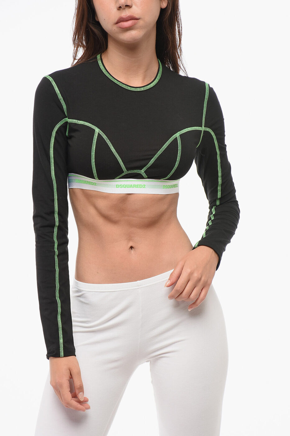 ディースクエアード DSQUARED2 アンダーウェア レディース Underwear LONG-SLEEVED CROP TOP WITH VISIBLE STITCHINGS D8M084460 ISA01 013 関税 送料無料 ラッピング無料 dk