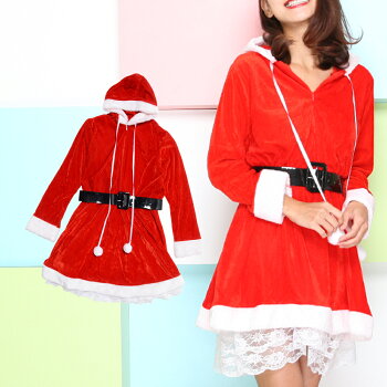 サンタコスプレ長袖激安サンタコスクリスマス大きいサイズコス衣装コスチュームセクシーサンタクロースパーティサンタコスプレセクシーサンタサンタコスチュームレディースワンピース大人小物フードサンタ帽子赤レッド2016レディースファッション