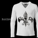 花 ユリ 鳥 紋章 Vネック 長袖 Tシャツ メンズ(ホワイト白) zkk043ls
