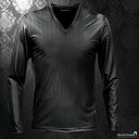 Vネック ヘリンボーン マット メンズ 日本製 スリム ストレッチ 長袖Tシャツ mens(ブラック黒) 183712