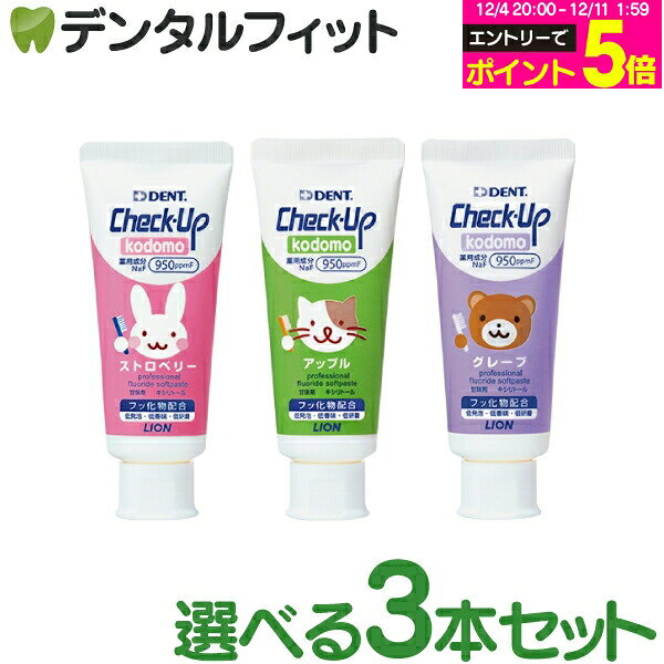 【★エントリーP5倍 12/4-12/11】歯磨き粉 子供 チェックアップ kodomo フッ素950ppmF 3本セット(60g/本) ／ ストロベリー アップル グレープ DENT.Check-Up (メール便2点まで)【メール便選択で送料無料】