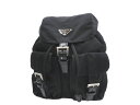 【美品】PRADA プラダ ロゴプレート リュックサック ナイロン×レザー ブラック シルバー金具 中古 バックパック デイパック ショルダーバッグ レディース 女性用 メンズ ブランド 黒 プレゼント ギフト バック