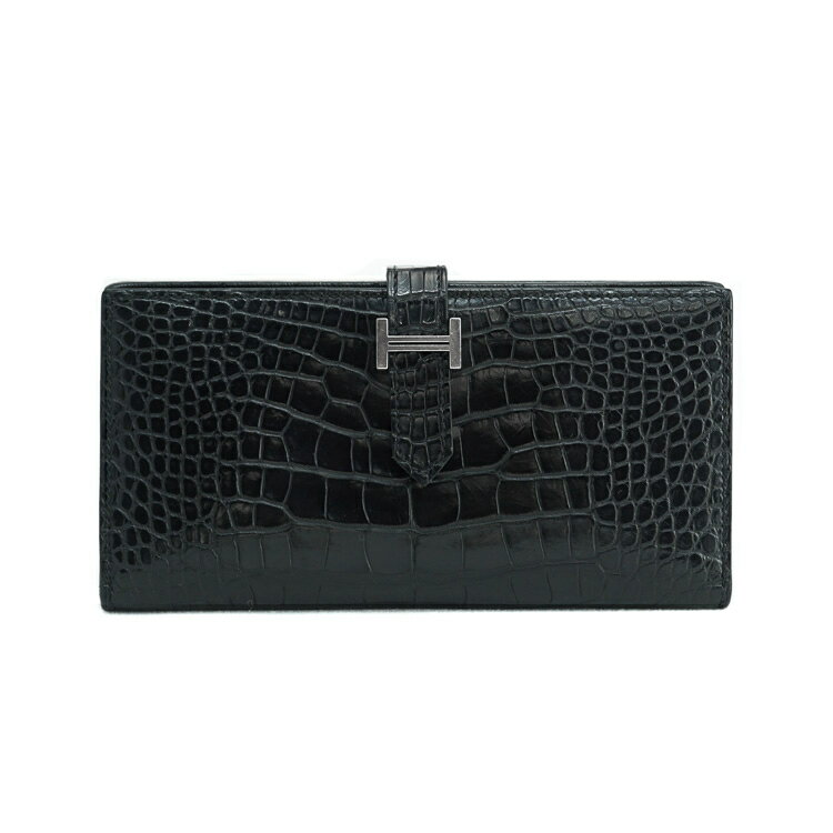 HERMES ベアンスフレ 二つ折り財布 アリゲーターマット クロコダイル ブラック シルバー金具 A刻 ブランドウォレット 5449922J【中古】