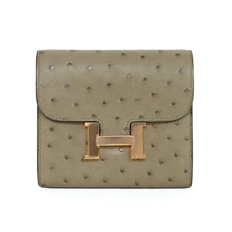 【新品同様】HERMES コンスタンス コンパクト 二つ折り財布 オーストリッチ ムース ローズゴールド金具 Y刻 ブランドウォレット 3s35178j【中古】
