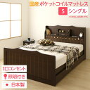 多機能ヘッドボード付き カントリーテイストベッド シングルサイズ (SGマーク国産ポケットコイルマットレス付き) 宮棚付き ライト付き 国産ベッドフレーム 木目調 低ホルムアルデヒド 『エトワール』 ダークブラウン 【引き出し別売】【代引不可】【日時指定不可】
