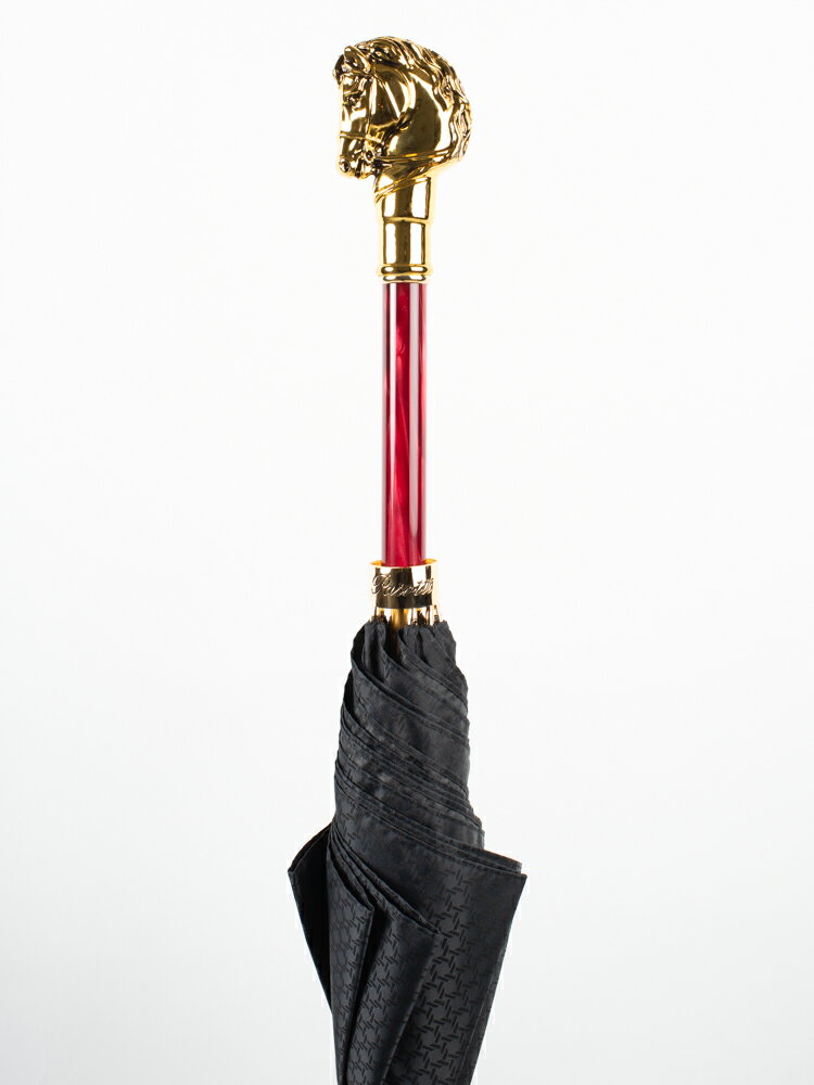 【Pasotti】パソッティ BLACK SPUARE PATTERN UMBRELLA WITH HORSE AND RED HANDLE 傘 馬 金 ゴールド 赤 メンズ 長傘 お洒落 イタリアメンズおしゃれ エレガント 上品