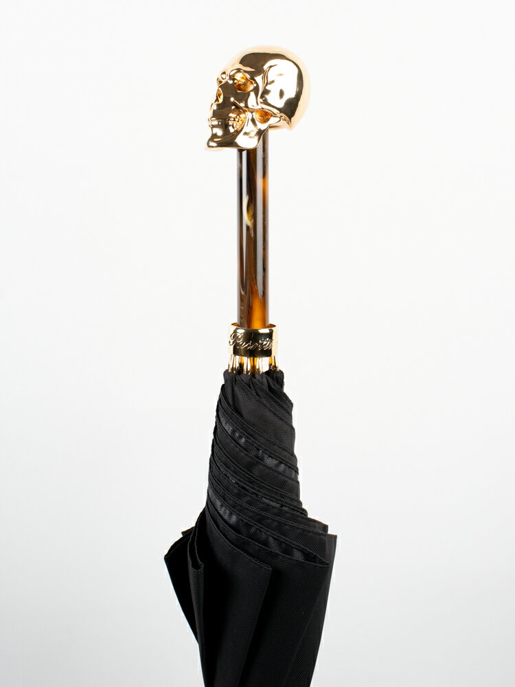 【Pasotti】パソッティ BLACK OXFORD UMBRELLA WITH GOLD SKULL AND BROWN HANDLE 傘 金 ゴールドスカル メンズ 長傘 お洒落 イタリアメンズおしゃれ エレガント 上品 ロック