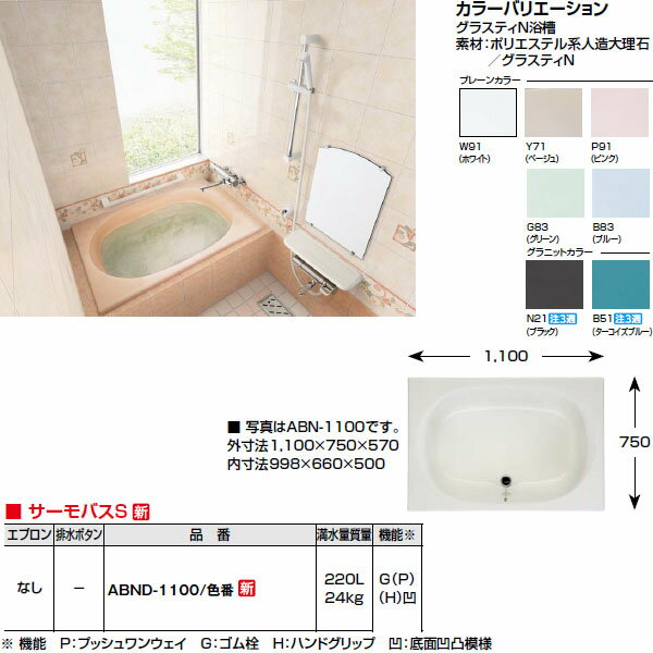 【送料無料】浴槽 1100サイズ エプロンなし ABND-1100 グラスティN浴槽 和洋…...:dreamer-:10028937