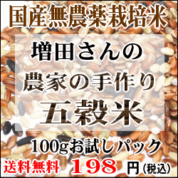 198円！無農薬栽培五穀米（増田さんの古代米）100gお試しパック！レビュー数800件突破の実績！増田さんの手作り五穀米【送料無料】メール便で発送数量限定！お試し価格「数量限定！」「雑穀米」