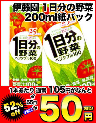 伊藤園　1日分の野菜　ベジタブル100　200ml紙パック×24本[賞味期限：4ヶ月以上]同一商品のみ4ケースまで1配送でお届けします【2〜3営業日以内に出荷】