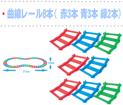 拡張パーツひょうたん形になるレールセット曲線レール8本（赤3本,青3本,緑2本/7277）