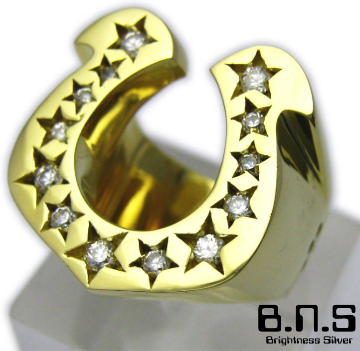 CZストーンゴールドホースシューリング ブラス 真鍮 ジルコニアアメリカンテイストの蹄鉄、馬蹄の指輪です。