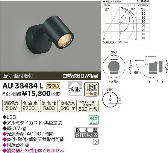 AU38484L コイズミ 屋外用スポットライト LED（電球色）...:e-connect:10138075