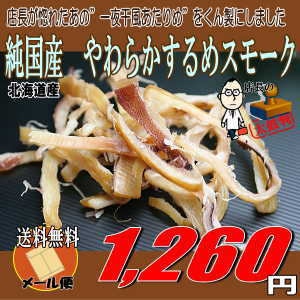 送料無料 国産やわらかするめスモーク 95gX2パックセット メール便(代引不可)国内産スルメイカ使用 いか燻製(いかくんせい) あたりめ 一夜干し