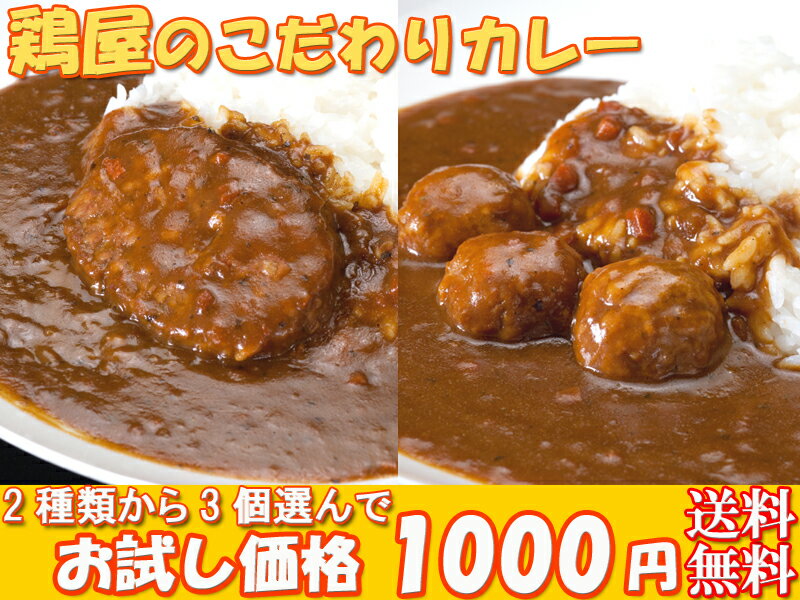 ★【送料無料】焼き鳥屋が作るカレー(鶏ハンバーグ、鶏つくね)お試し1000円ポッキリ選べる3パック！ハンバーグ、つくねの惣菜カレー【メール便】【B級グルメ】開店セール1101【YDKG 円高還元】【newshop_fd07】【送料無料/送料込み】楽天ランキング受賞！鶏屋のカレー！鶏ハンバーグ、鶏つくねの2種類のカレー！国産の鶏肉、玉葱を使ったハンバーグ、つくねの焼き鳥屋の惣菜カレー！