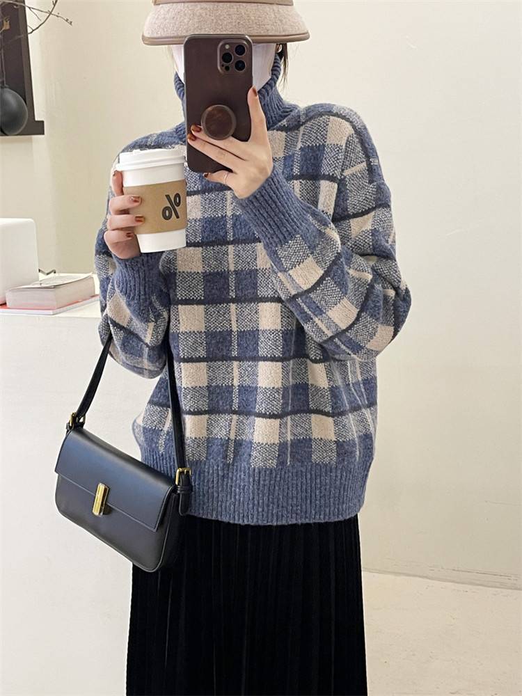おしゃれだけでなくスタイルアップも叶えちゃおう セーター タートルネック ニットトップス チェック柄(N)