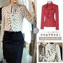 ドット柄フリルブラウス 水玉柄 ドット柄 シフォンブラウス レディース ブラウス シャツ トップス シフォン フリル 通勤 オフィス 長袖 フォーマル ハイネック 春 夏
