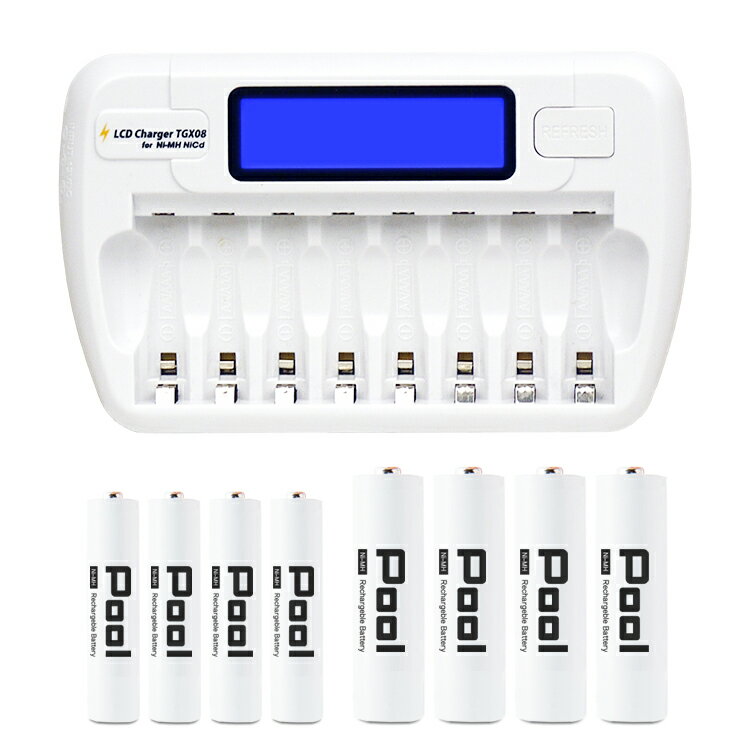 充電池 <strong>単3</strong> 電池 4本 + 充電池 単4 電池 4本 + TGX08 の<strong>充電器セット</strong> ニッケル水素電池 乾電池 1本からでも充電可能！ 充電状況が分かるディスプレイ付き 宅配便送料無料