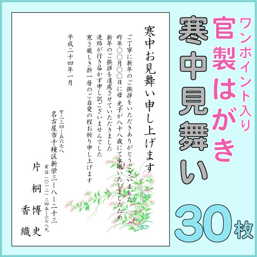 【送料無料】（官製はがき）寒中見舞いはがき印刷，喪中はがき印刷30枚セット【ワンポイント入り】【喪中ハガキ印刷】