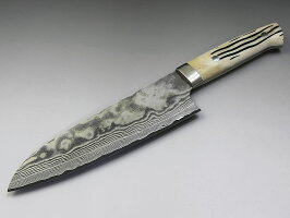 佐治武士作ニッケルダマスカス三徳型スタッグ(鹿角)