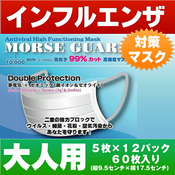 「新型インフルエンザ」対応・不織布マスク 4層構造サージカルタイプマスク「モースガード」（5枚×12パック）　60枚入り大人用(縦9.5センチ×横17.5センチ)