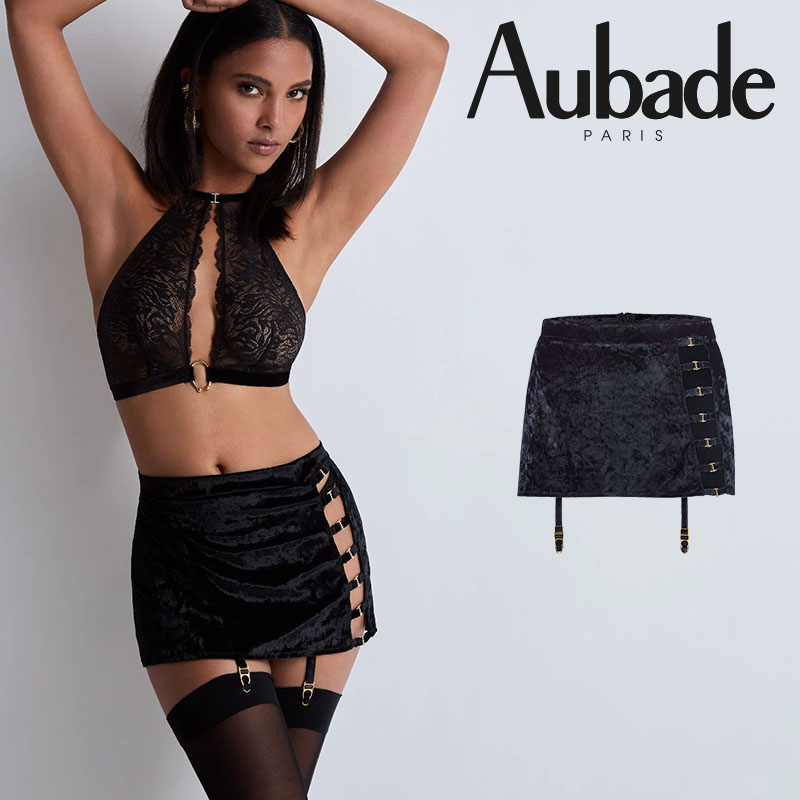 【オーバドゥ】スカート 3I75 BLACK BIRDカラー(サイズM、黒) セクシー 快適 ガーター The Night Before サンプル品 返品不可 Aubade