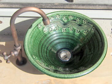 陶芸手洗い鉢　（織部　彫刻）　（中）洗面台/洗面ボール　創作　陶芸美濃焼伝統工芸士