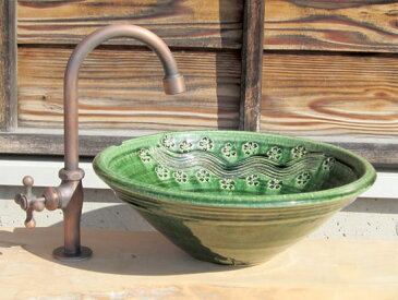 陶芸手洗い鉢　（織部　彫刻）　（中）洗面台/洗面ボール　創作　陶芸美濃焼伝統工芸士