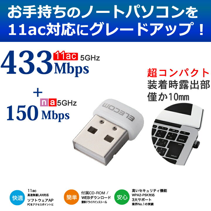 【送料無料】433Mbps USB無線超小型LANアダプター(無線LAN子機)：WDC-4…...:elecom:10033043