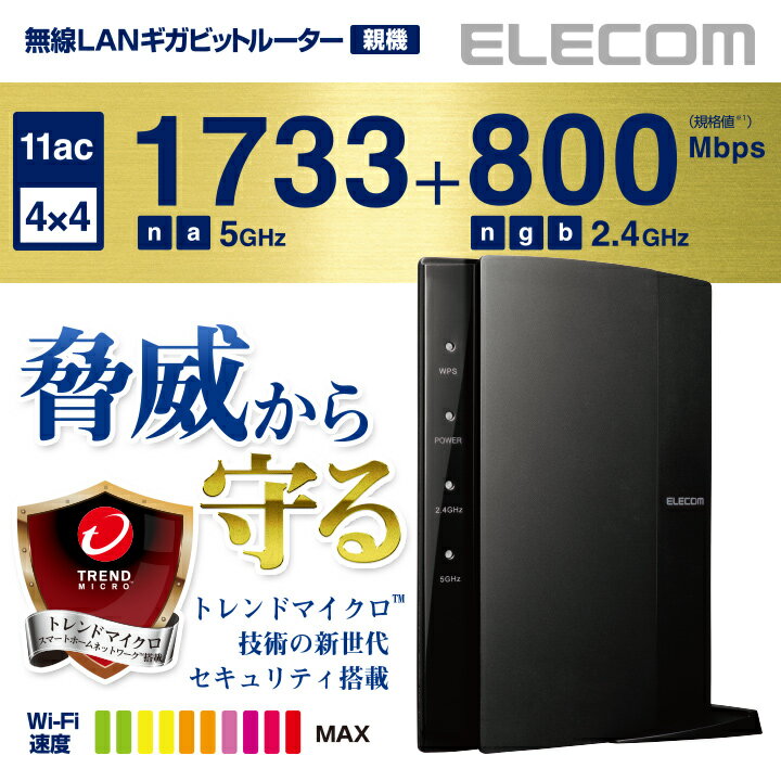 エレコム 脅威から守る セキュリティ搭載 無線LANルーター Wi-Fiルーター 11ac 1733+800Mbps ギガビットルーター WRC-2533GHBK2-T