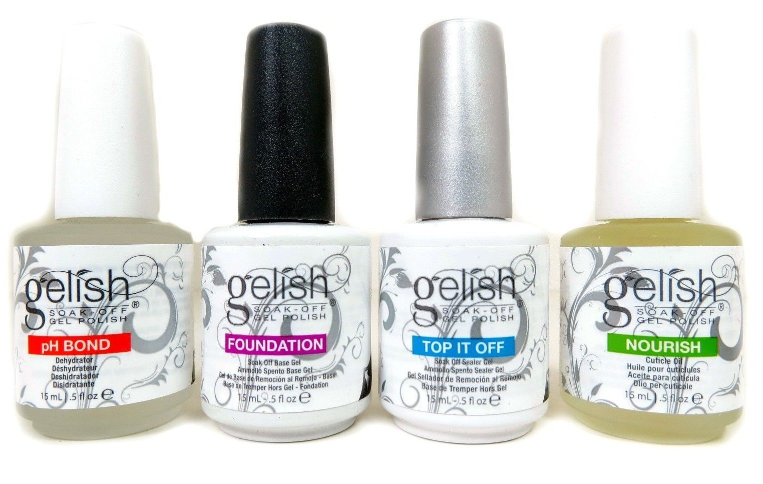 新品　送料無料●Harmony Gelish ハーモニージェリッシュ 各15ml ソークオフ ベースジェル ファンデーション＋トップコート(トップシーラー)＋phボンド＋ノーリッシュ ナリッシュ(キューティクルオイル)　4本セット●ジェルネイル セルフネイル●