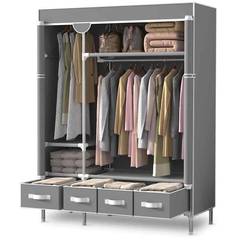 ワードローブ カバー付き クローゼット 引き出し4つ付き 大容量 収納 おしゃれ 不織布 簡単組み立て式 ハンガーラック 収納棚 耐久 頑丈 防水 防塵 防汚 省スペース 幅130×奥行45×高さ170cm