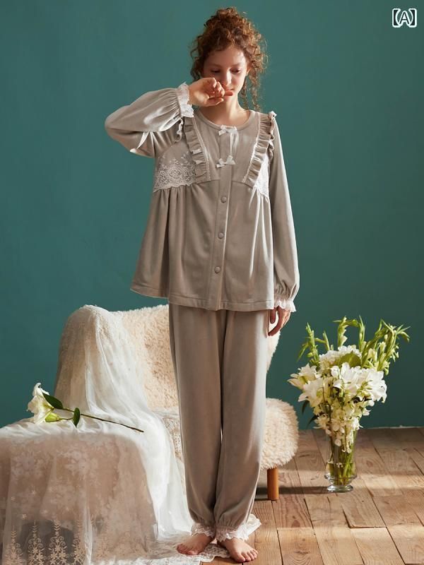 カーディガン 暖かい 裏起毛 秋冬 スーツ セットアップ ズボン 長袖 レディース パジャマ 冬 宮殿の