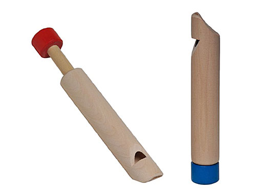 ［Kremers クレマーズ］ミニトロンボーン (レッド/ブルー)〜先の棒を前後して音程を変えられるドイツのトロンボーン型の木製ホイッスルです。