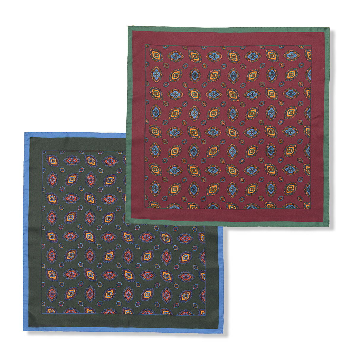 EXCY FORMAL 小紋柄 プリントシルクポケットチーフ　グリーン・ワイン